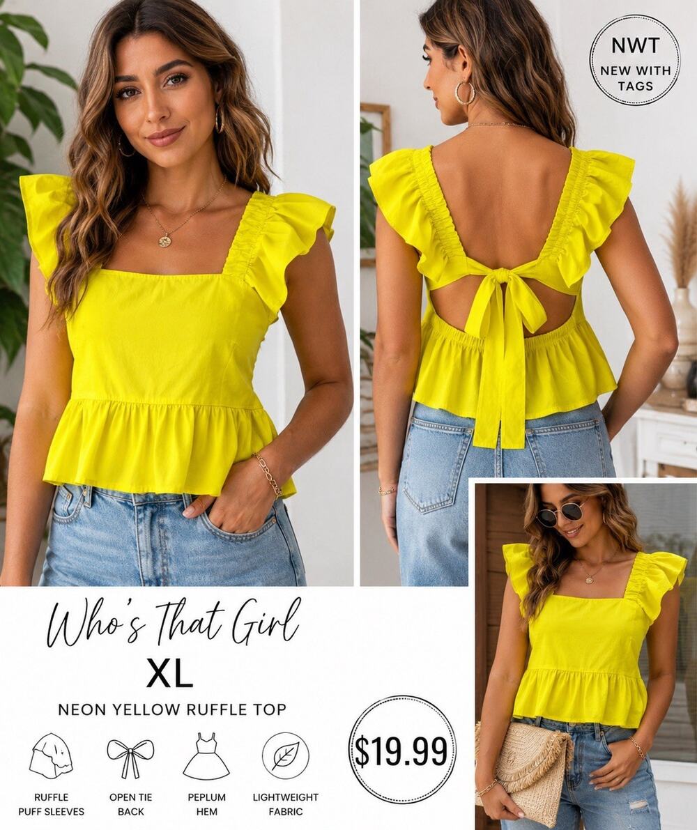 Who’s That Girl XL NWT Neon Yellow Ruffle Peplum Top Open Tie Back Puff Sleeves